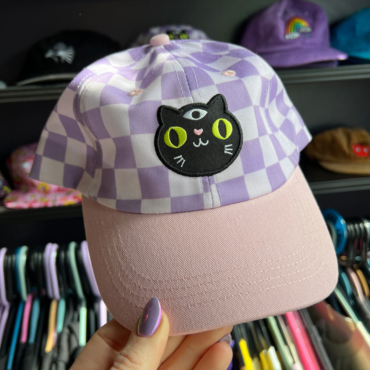 Y2K Embroidered Purple Cat Rhinestone Distressed Hat y2k caps - TikTok Shop main image 3