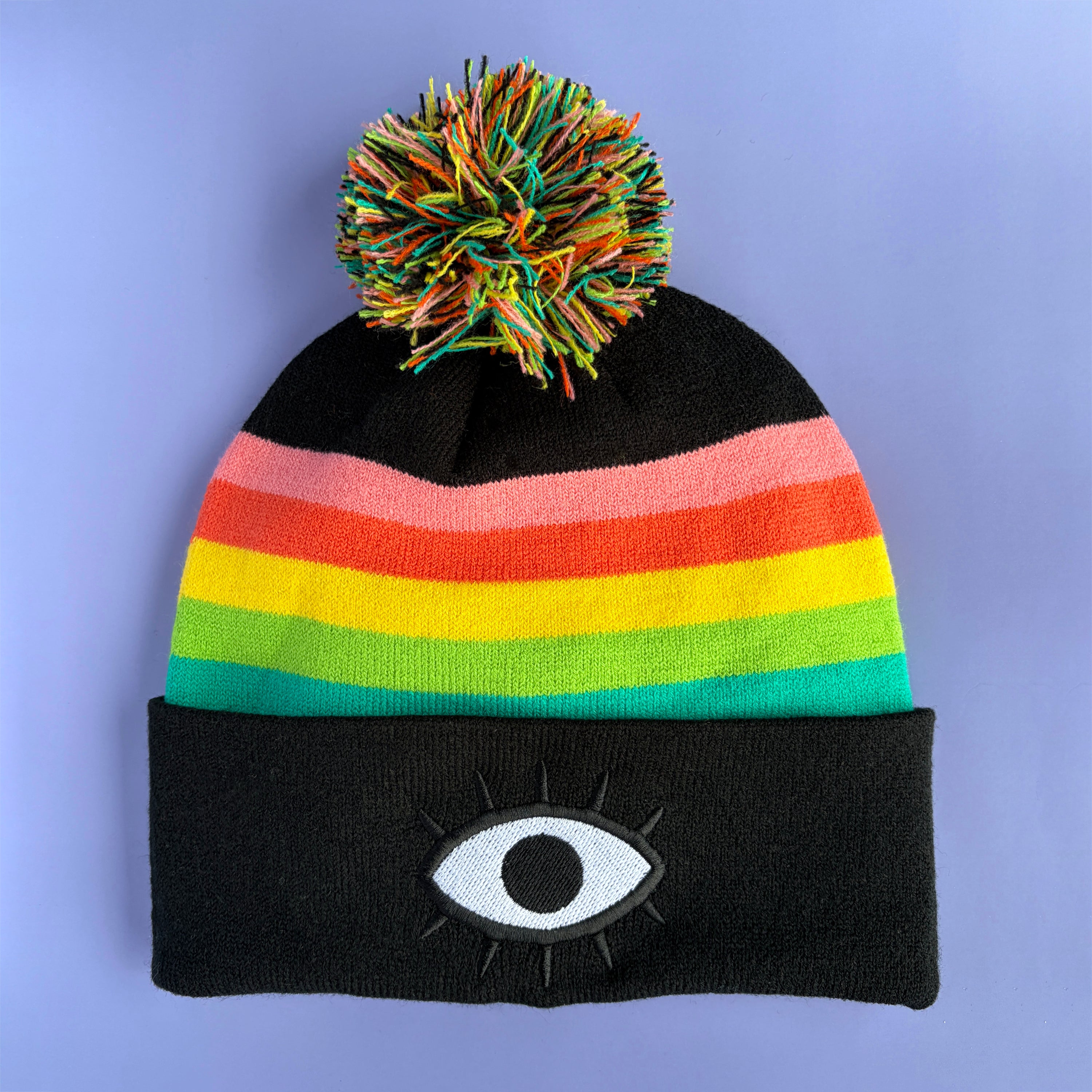 Gorro con pompón arcoíris negro