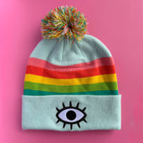 Blue Rainbow Pom Beanie