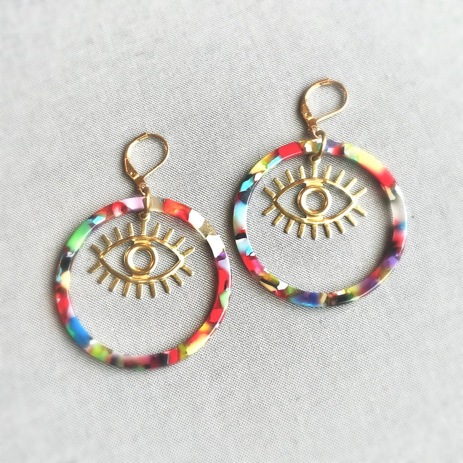 Eye Hoop Earrings - Rainbow Confetti